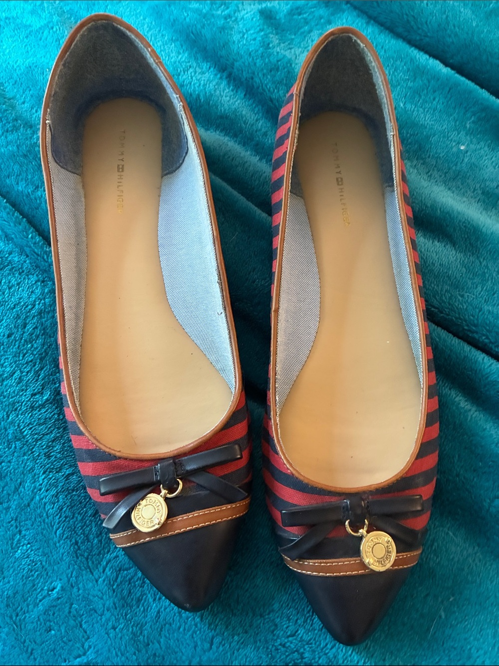 Tommy Hilfiger Navy & Red Striped Pointed Toe Flats with Bow and Gold Charm